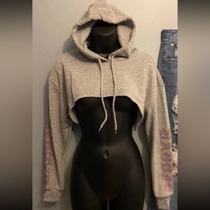 Gray Large Rhinestone Baddie Extreme Crop Hoodie